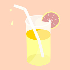 Сute glass of juice with a slice of grapefruit and a straw. Illustration  of fresh drink. Summer concept design.