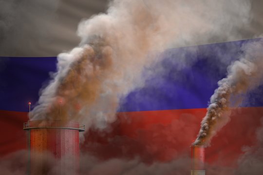 Global warming concept - heavy smoke from industrial pipes on Russia flag background with place for your logo - industrial 3D illustration