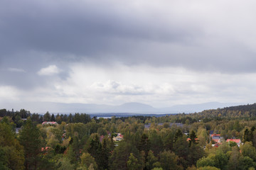 Fototapeta na wymiar View of the hills from the island of Frösön