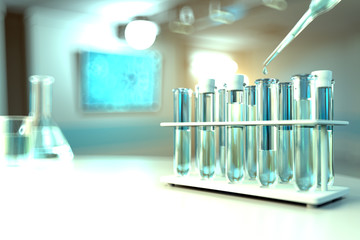 drinkable water quality test for viruses (like covid-2019) concept - laboratory test tubes in modern microbiology university office, medical 3D illustration