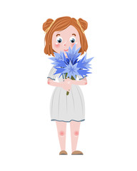 Cute cartoon girl in a simple dress holds in her hands a large branch of flowering blue cornflower. Wildflowers. Children's vector illustration