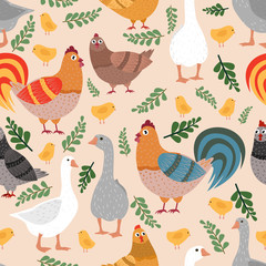 Seamless pattern with domestic birds. Roosters, hens, chickens and geese in fowl-run.