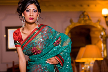 Fototapeta na wymiar Indoor portrait of pretty traditional Indian Bengali woman model wearing sari, jewellery and makeup