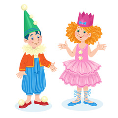 Children in carnival costumes. Little funny boy in a clown costume and a cute little girl in the role of a princess. In cartoon style. Isolated on white background. Vector flat illustration.