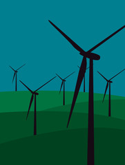 Fototapeta premium Vector graphic landscape. Silhouette of windmills on the green fields at the night time. Dark blue sky.
