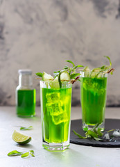 Sparkling iced lemonade with lime and fresh mint in glasses, vertical orientation with copy space