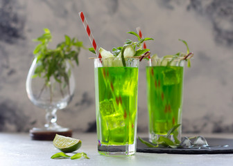 Sparkling iced tea with fresh mint and lime in glasses, tasty refreshment