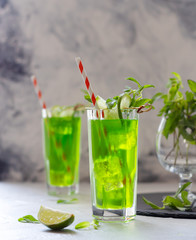 Sparkling iced tea with mint and lime, tasty refreshing beverage