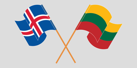 Crossed and waving flags of Iceland and Lithuania