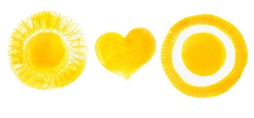 Watercolor sun, heart shapes. Illustrations set. Yellow watercolour stains.