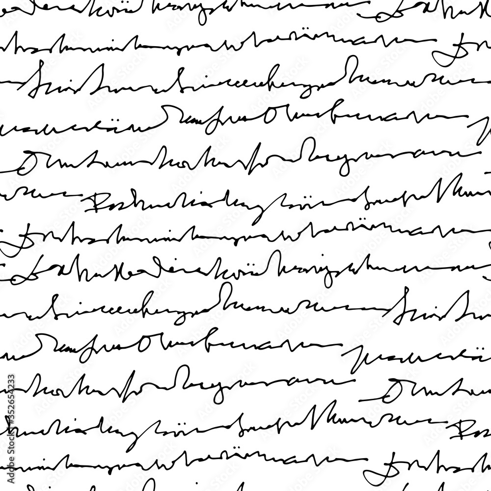 Poster Handwritten abstract text vector seamless pattern, vector monochrome script isolated on white background