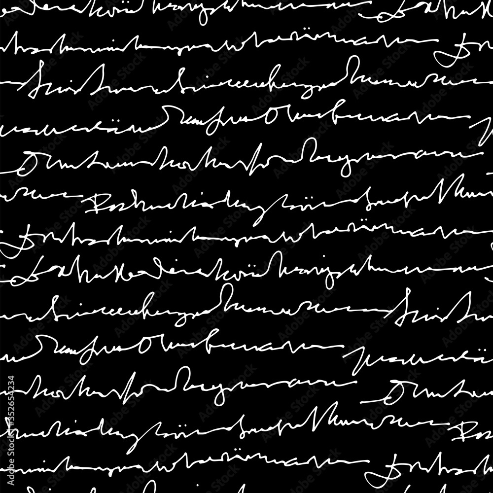 Poster Handwritten abstract text vector seamless pattern, vector monochrome script isolated on black chalk board background