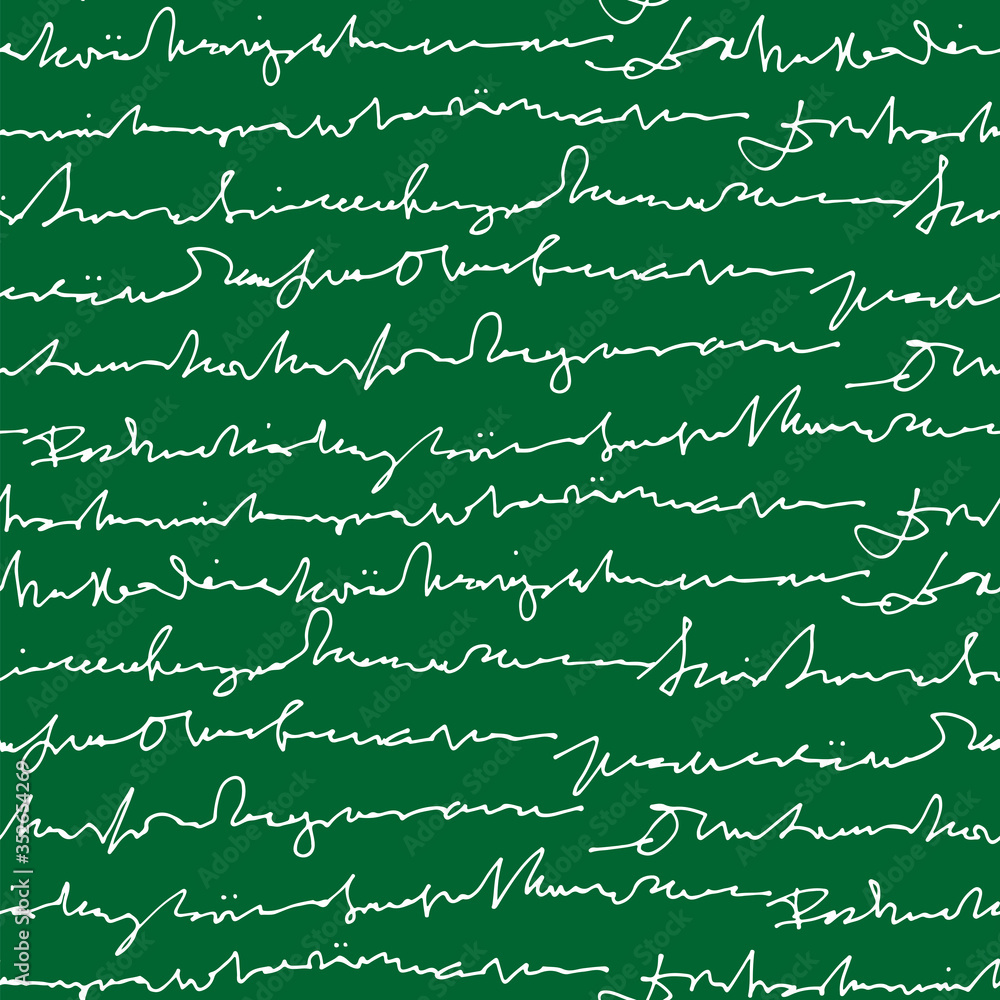 Poster Handwritten abstract text vector seamless pattern, vector monochrome script isolated on green chalk board background