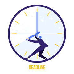 Fear of deadline. Worker is trying to stop time. Not enought time concept. Deadline sign. Modern flat vector illustration