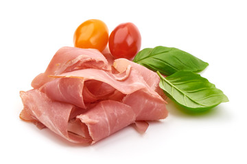 Italian prosciutto, dried meat slices, isolated on white background