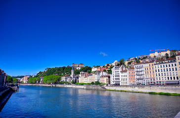 Fototapeta na wymiar Lyon, France and the architecture along the Saone River.