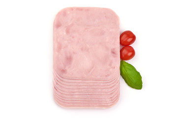 Sliced boiled ham sausage, isolated on white background