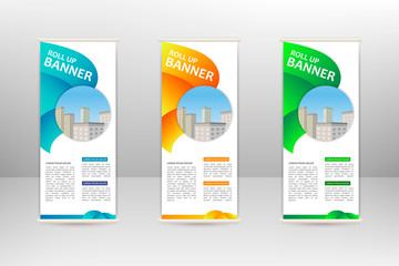 Roll up vertical banner, business design template, vector illustration