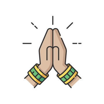recommend clip art: Namaste RGB color icon. Hindu greeting. Hands pressed together. Respectful salutation. Anjali Mudra. Praying hands. Ancient tradition. Indian religion. Asian gesture. Isolated vector illustration
