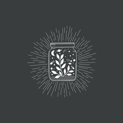 Vector hand drawn illustration of a jar with moon, stars, planets and plant.