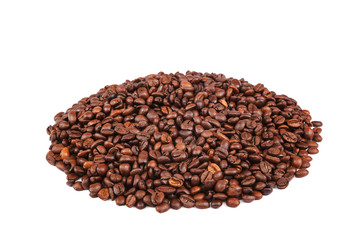 Grains of roasted coffee on white background.
