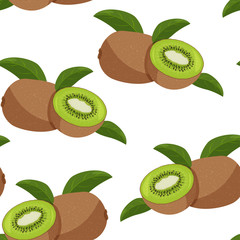Fresh kiwi fruit with green leaves background. Summer seamless pattern.