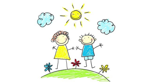 kids drawing of his parents made with doodles of his mom and dad standing on a round green hill with flowers under sky with happy sun with clouds