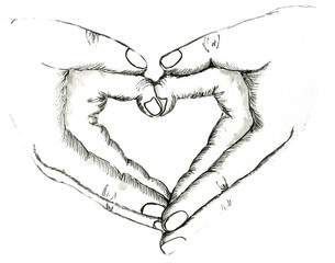 Human hands holding each other shaping abstract heart. Love and care symbol