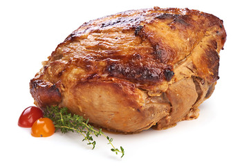 Baked pork roast, spicy glazed meat, isolated on white background