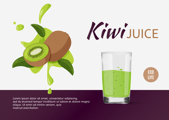 Fresh kiwi design template for ads. Bright fruits with splashes and drinking glass on purple background for promotion.