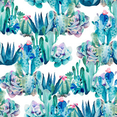 Watercolor exotic seamless pattern of Mexican cacti, succulents, agave on a white background. Perfect for cover, wallpaper, packaging.