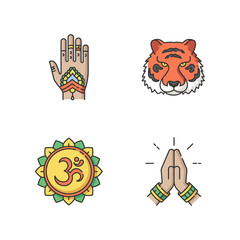 Indian culture RGB color icons set. Mehndi on hand. Henna drawings. Bengal tiger. National animal. Om visual representation. Sound of universe. Namaste gesture. Isolated vector illustrations