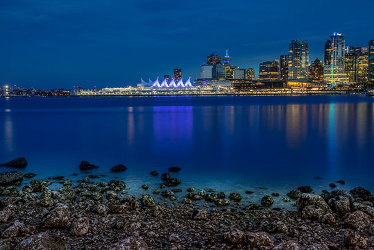 Downtown Vancouver Cityscape, From Stanley Park Seawall At Night