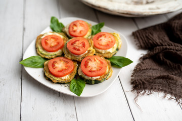 Fried zucchini with tomato dill mayonnaise and garlic sauce. Russian, European appetizer 