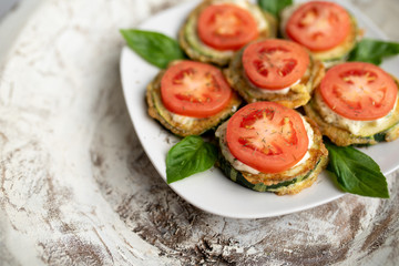 Fried zucchini with tomato dill mayonnaise and garlic sauce. Russian, European appetizer 