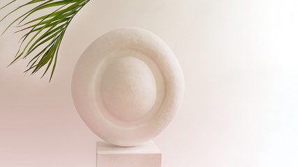 Podium sculpture product background with palm leaf. Beauty and fashion concept, travel idea. 