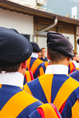 Traditional parade on Swiss National Day. National holiday of Switzerland, set on 1st August. Celebration of the founding of the Swiss Confederacy. Independence day. Historical costumes.