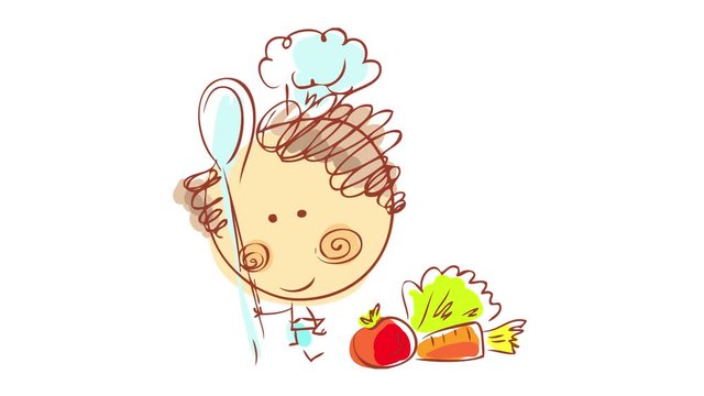 professional chef wearing matching apron and long hat over curly hair holding a bing spoon preparing to cook a healthy meal with fresh varied vegetables