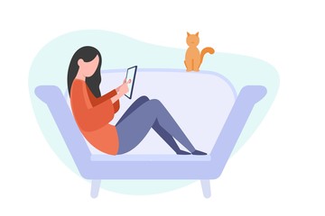 Girl with tablet sitting on sofa. Freelance or studying concept. Female using internet at home. Flat style illustration isolated on white background.