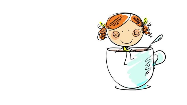cute girl with pink cheeks and dimples and red curly hair smiling and sitting at the edge of a mug containing hot chocolate with a teaspoon inside