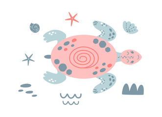 Pink turtle. Cute baby ocean animal Girl summer sea element girls nautical print cute pink turtle Vector