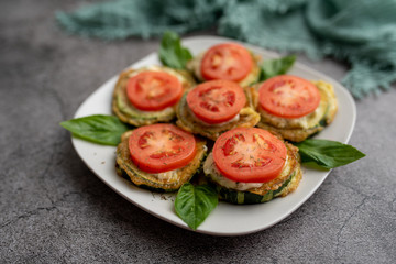 Fried zucchini with tomato dill mayonnaise and garlic sauce. Russian, European appetizer 