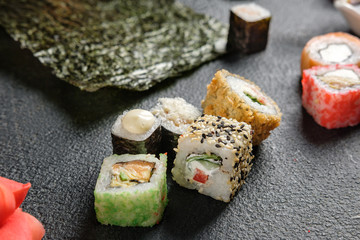 Set of traditional japanese food on a dark background