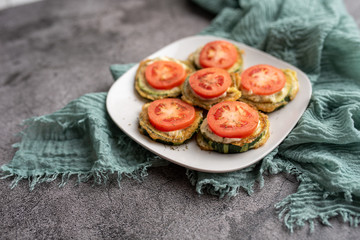 Fried zucchini with tomato dill mayonnaise and garlic sauce. Russian, European appetizer 