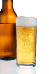 glass with beer d beer bottle on white background