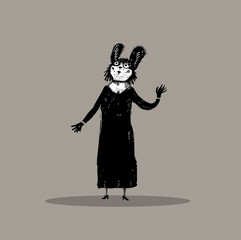 Cartoon drawing of funny dressed up rabbit 