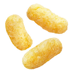 Flying delicious sweet corn sticks, isolated on white background