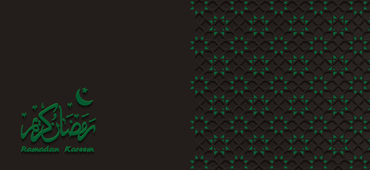Arabic calligraphy and arabesque design greeting card for Ramadan Kareem,Islamic green ornamental detail of mosaic isolated on a dark background