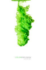 Bright green ink in water. Color explosion smoky effect on white