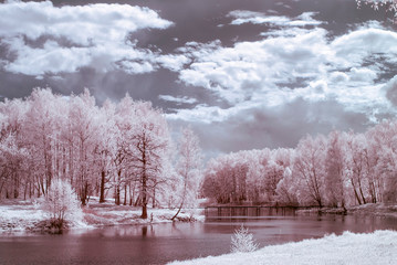 Infrared photography. Surreal landscape, a river with a bridge surrounded by trees with white...